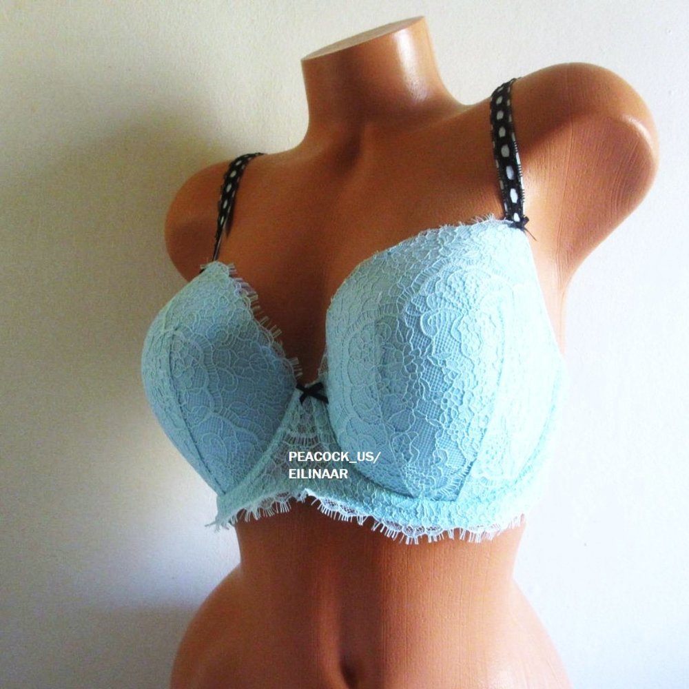 38DDD Victoria's Secret Dream Angels Ribbon Slot Lined Demi Bra Opal Blue Lace